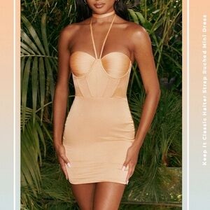 Oh Polly Classic Halter Strap Mini Dress - Tan